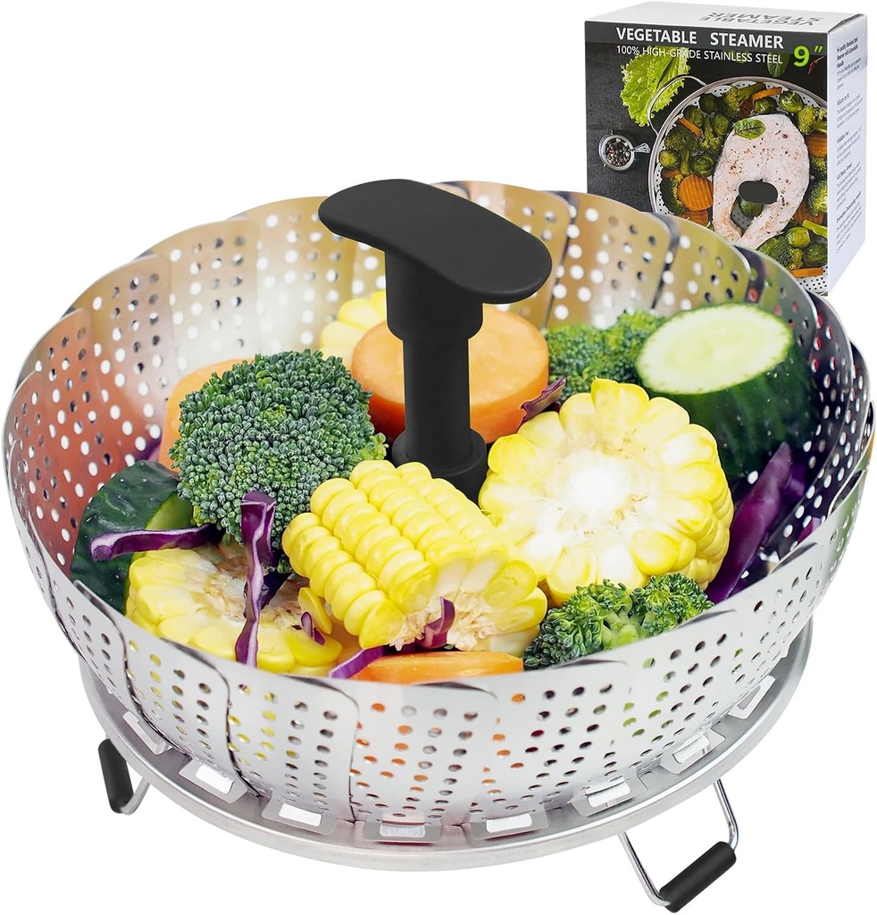 Vegetable Steamer Basket,Stainless Steel Steamer Basket,Folding Expandable Steaming Vegetable/Fish/Seafood Steaming Pot Insert Fits Various Size Pot(5.5"to9.2") (Black9)