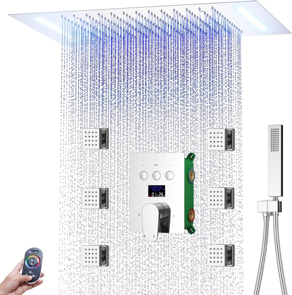 Digital Display Shower Faucet Set With 14x20 Inch LED Rainfall Shower Head,Brass Handheld Sprayer And 6pcs Body Jets,Full Body Shower System (Chrome)