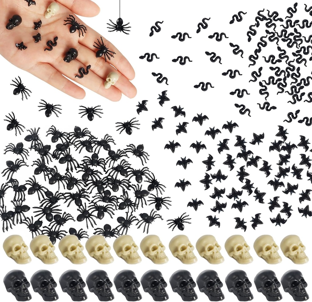 Hiawbon Mini Plastic Skull Heads Bats Snake, Realistic Spider, Fake Halloween Figurines for Fairy Garden