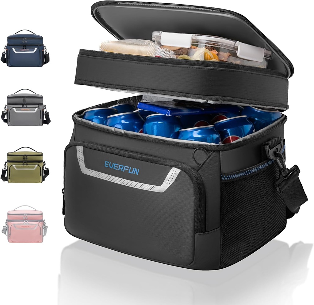 EVERFUN Small Cooler Lunch Box Mini Leak-Proof Soft Double Deck 24 Can Personal Insulated Collapsible Portable Waterproof Lunch Bag Ice Chest for Men Women Work Travel Car Picnic Beach
