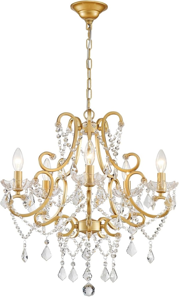 Crystal Chandelier, 5-Light Gold Chandelier for Dining Room Light Fixture, K9 Crystal Pendant Ceiling Light Fixture, Modern Candle Chandelier for Living Room Kitchen Island Entryway Bedroom