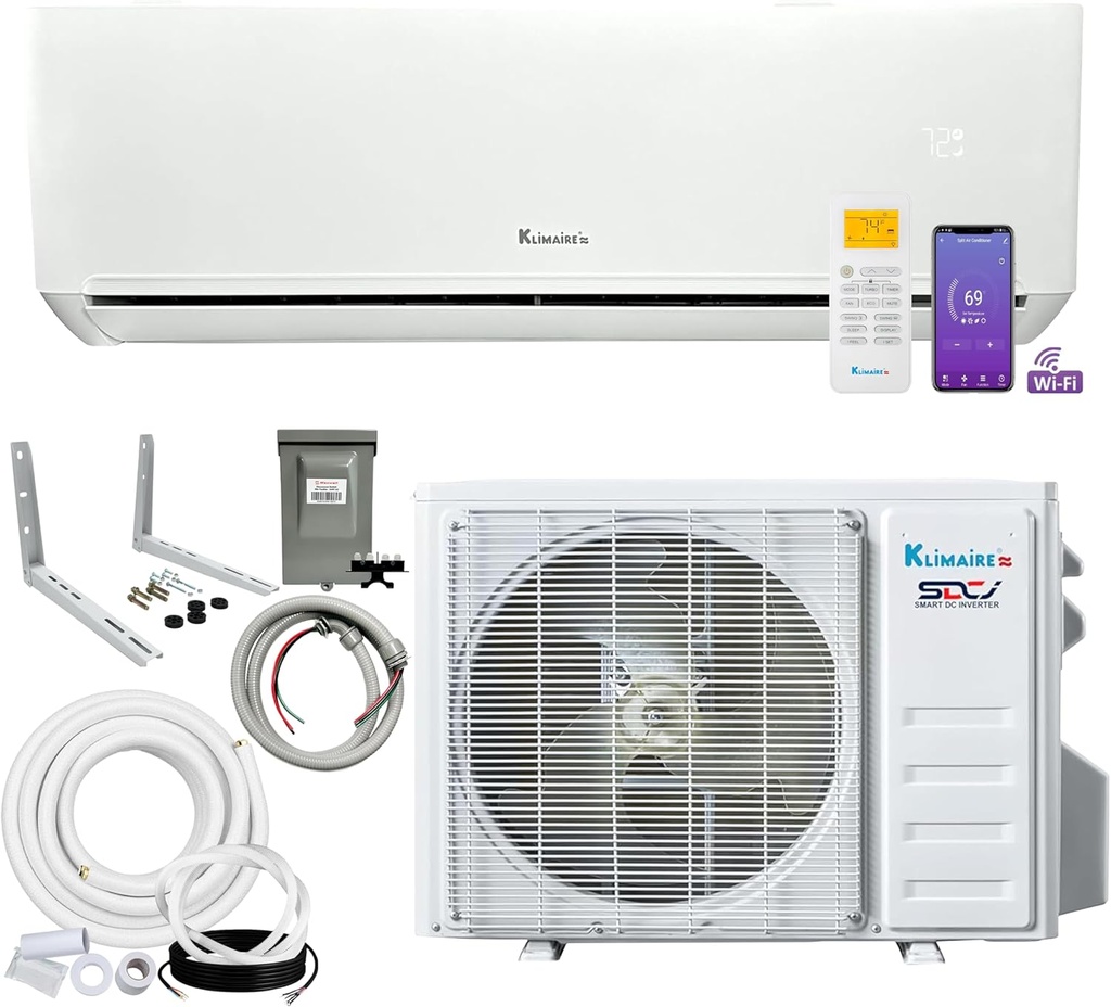 Klimaire 12,000 BTU 22 SEER2 Wall Mounted Ductless Mini Split Inverter A/C Heat Pump System w/ 16’ Installation Kit & Wall Mounting Bracket 115V