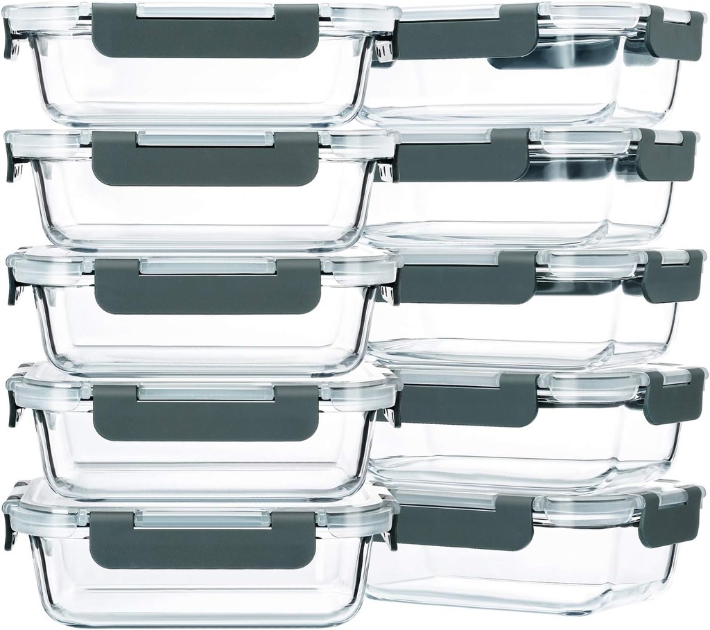 M MCIRCO 10-Pack,22 Oz Glass Meal Prep Containers,Glass Food Storage Containers with lids,Lunch Containers,Microwave, Oven, Freezer and Dishwasher (Gray)