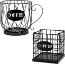 Coffee Pod Holder Organizer, 2Pcs Large Capacity K Cup Holder with Wooden Base, Square and Round, Black Storage Basket for Kitchen Countertop Office Coffee Bar