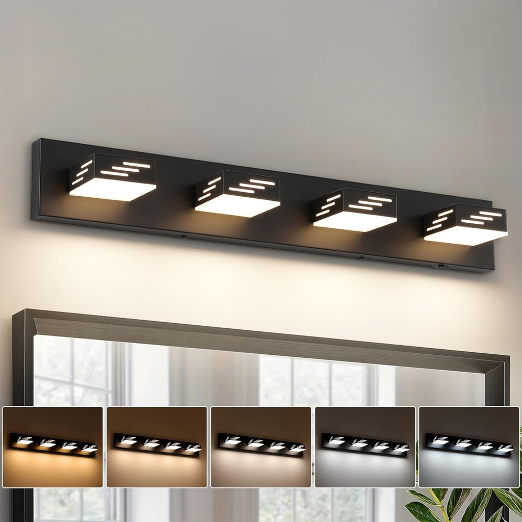 Joosenhouse Modern LED Vanity Light for Bathroom, 5CCT Dimmable Vanity Lights, 4-Light Makeup Light Fixture, 29.92-Inch, 32W Black