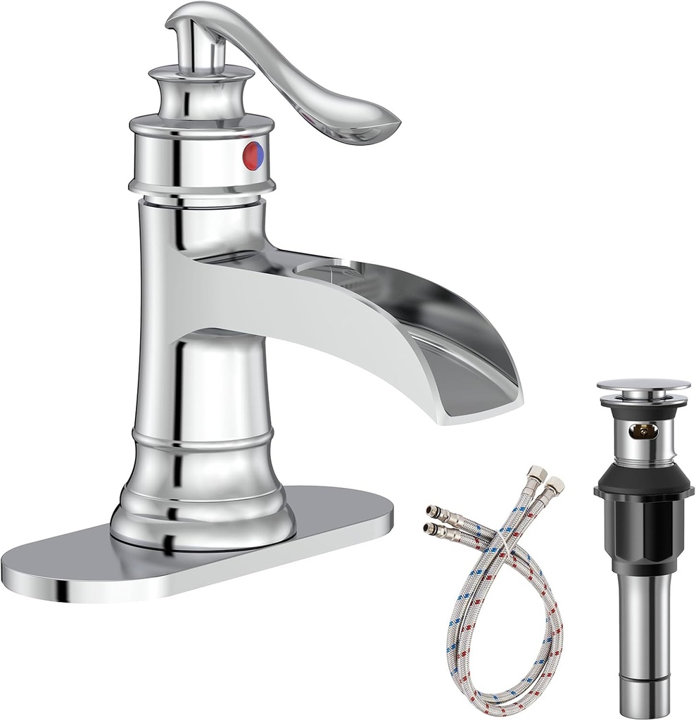 Homevacious Bathroom Faucet Chrome Waterfall Bathroom Sink Faucets with Single Handle Rustic Vanity Farmhouse RV Faucet Suitable for 1 or 3 Holes with Pop-up Drain Deck Plate Hose
