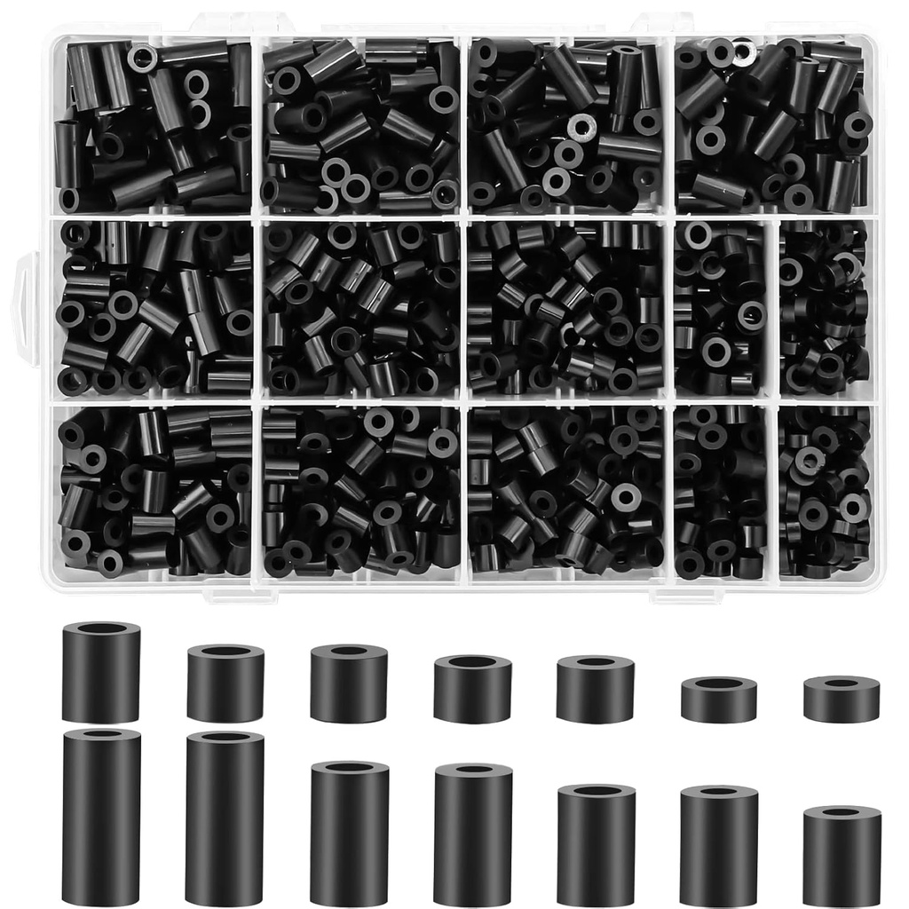 1000 Pcs Electrical Outlet Screws Spacers, Nylon Round Spacer for M3 M4 Screws, Black Spacers Without Threaded, Spacers Assortment Kit for Electrical Screws Switch and Receptacle (Black)