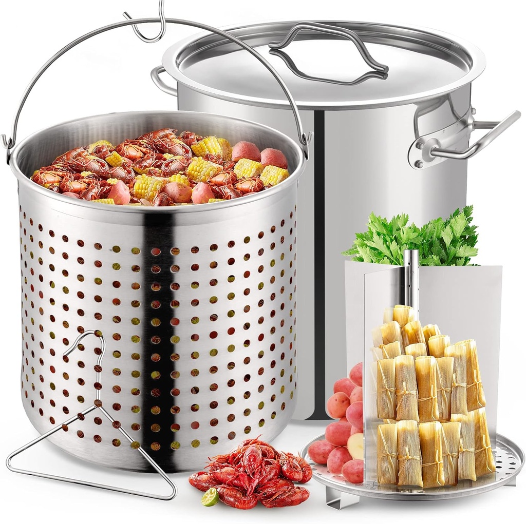 ARC 100-quart Large Stainless Steel Stockpot for Seafood Boiler Crawfish Pot with Basket and Steamer Rack, Outdoor Cooking Pot for Crab Lobster Shrimp Boiling, and Tamales Steamer, 25 Gal