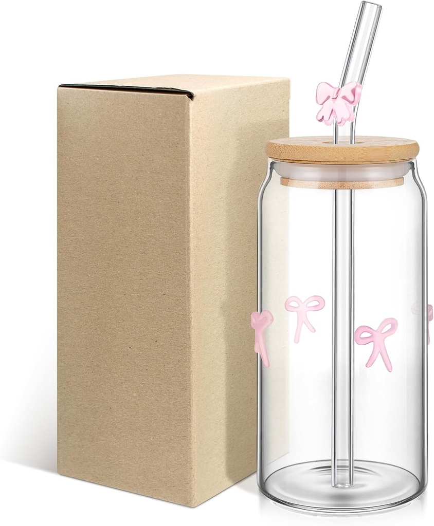 Honeydak Pink Bow Icon Juice Glass Tumbler with Lid 16oz Drinking Sweet Glass Cups with Lids and Straws for Tumblers Valentines Birthday Gifts for Women Her Mom Daughter Wife