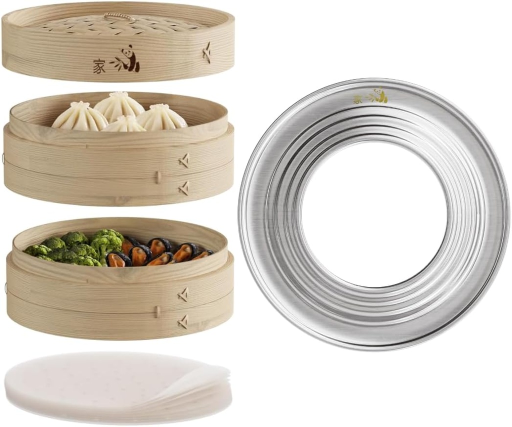 Prime Home Direct 8-Inch Bamboo Steamer Basket | Stainless Steel Ring Adapter | 2-Tier Steamer for Cooking | Asian Food, Bao Buns, Chinese, Dim Sum, Dumpling, Rice, Vegetable Steam Pot