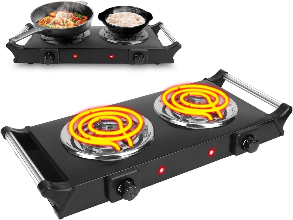 Moclever Hot Plate Electric Stove, 2000W Portable Cooking Stove w/Cooling Handle, 5 Levels of Adjustable Temperature, Countertop Burners Dual Coil Burner for Home RV Camping, Fits All Cookware