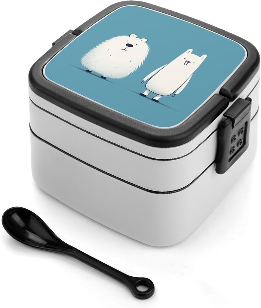 Two Cartoon Animals Bento Box Adult Lunch Box All-in-One Lunch Containers with Removable Compartments Double Layer Bento Lunch Box with Spoon And Handle Stackable Lunchbox