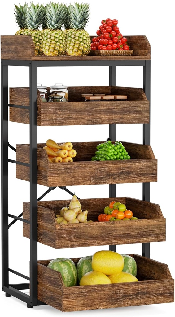 LITTLE TREE 5-Tier Wood Fruit Vegetable Storage Basket Stand, Pull-Out Snack Stand Fruit Basket Stand, Utility Shelf Organizer for Kitchen, Living Room, Bedroom, Rustic Brown