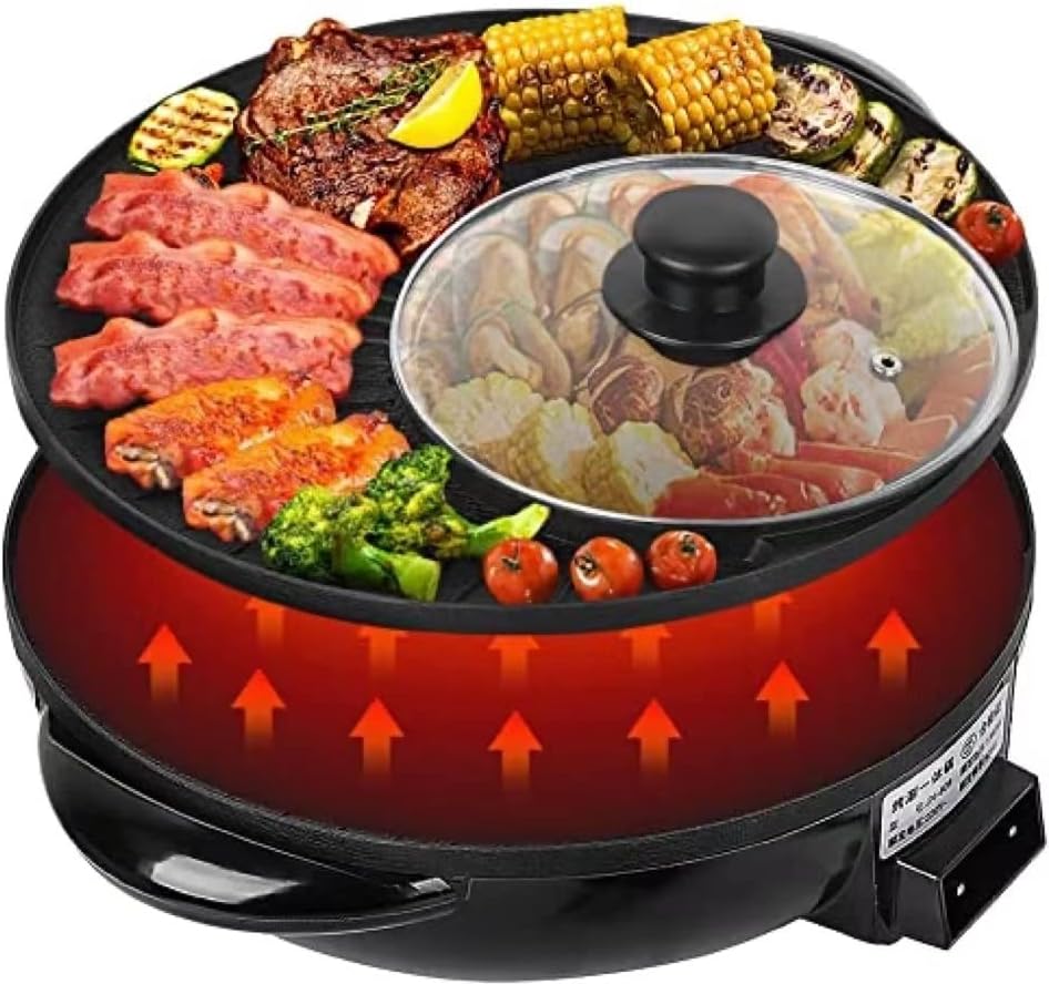 2 In 1 Electric Hot Pot and Grill, Household Non-stick Hot Pot and BBQ Grill with Glass Lid, Adjustable High Efficiency Barbecue Grill Plate with Hot Pot Round Cook Frying Plate for Home Kitchen