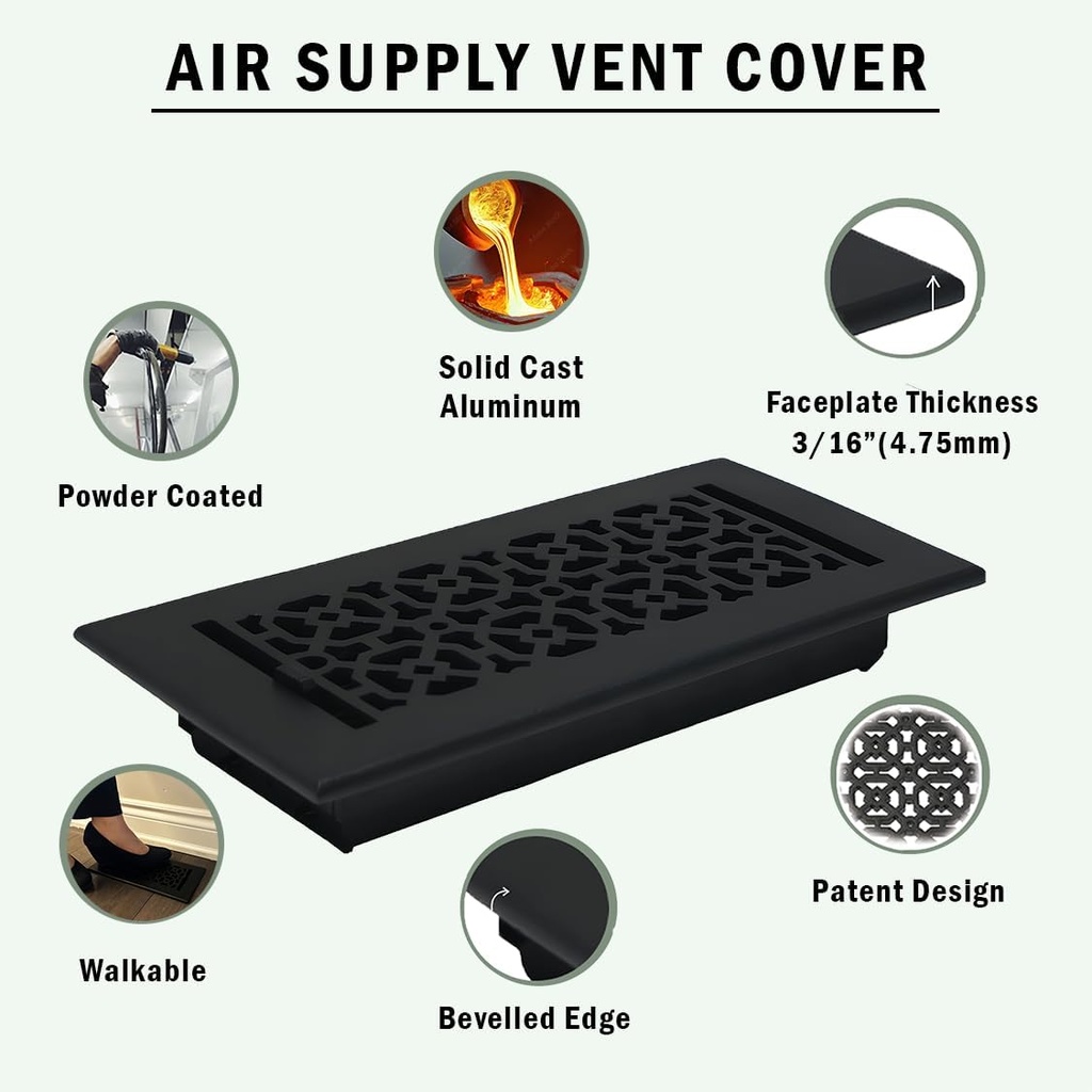 Achtek 4"x12" Duct (5-1/2"x13-3/4" Overall Size) Solid Cast Aluminum HVAC Air Supply Grill for Floor-Black Without Screw Holes with Detachable Steel Louver | Powder Coated