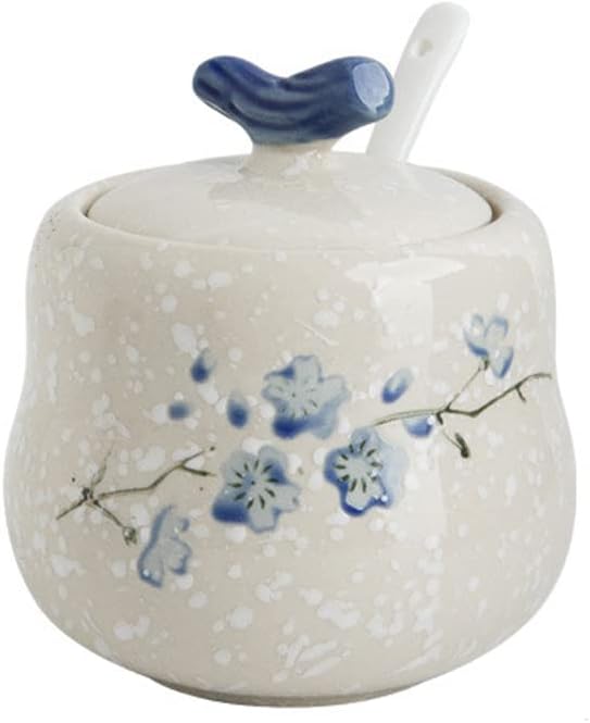 Retro Ceramic Sugar Bowl with Lid and Spoon, 13.5oz/400ml Sugar Salt Pepper Storage Jar Spice Containers for Home and Kitchen