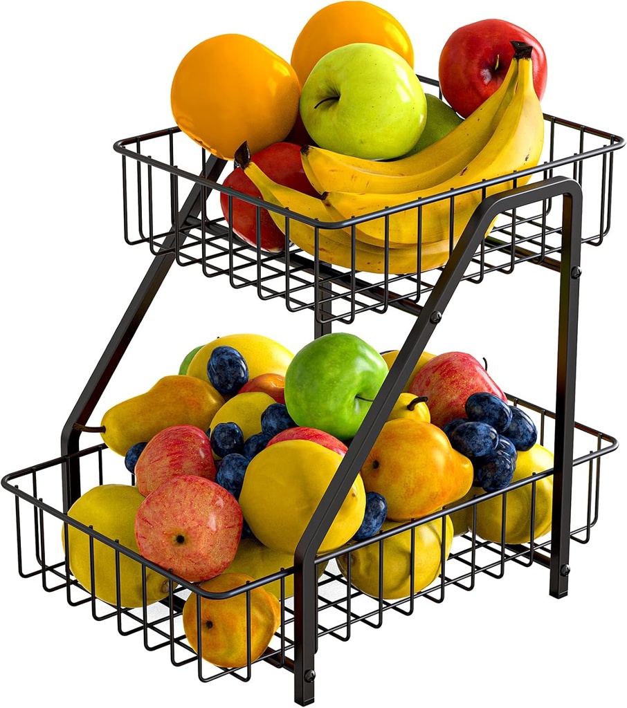 MaraFansie 2-Tier Fruit Basket Countertop Fruit Bowl Bread Basket Vegetable Holder Storage Stand Large Capacity, Black