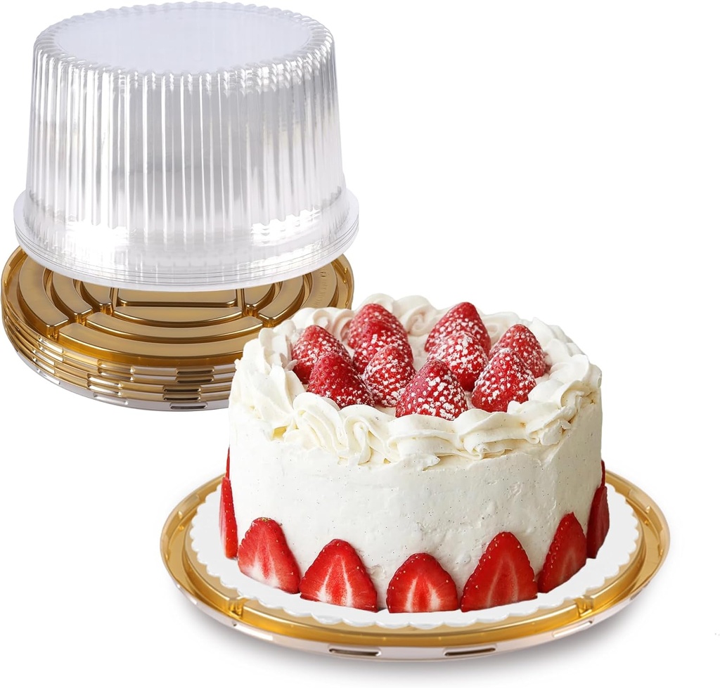 10 Inch Plastic Cake Carriers Gold Cake Containers with Lid and White Cake Boards, Clear Cupcake Holder for 1-2 Layer Cheesecake, Bundt Cake Pie Bakery Supplies(5 Pack)