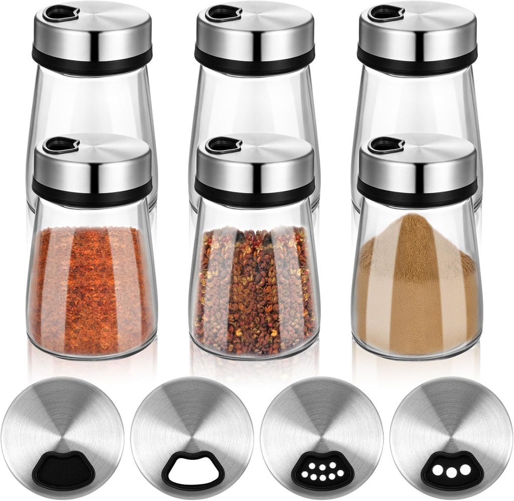 6 Pcs Salt Pepper Shakers Set with Adjustable Pour Holes Stainless Steel Spice Dispenser 6oz Clear Glass Seasoning Containers for Kitchen Restaurant Home BBQ Camping Farmhouse Accessories ﻿