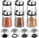 6 Pcs Salt Pepper Shakers Set with Adjustable Pour Holes Stainless Steel Spice Dispenser 6oz Clear Glass Seasoning Containers for Kitchen Restaurant Home BBQ Camping Farmhouse Accessories ﻿