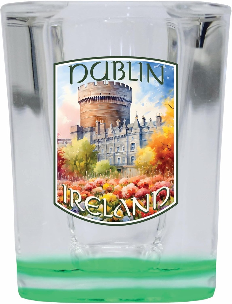 R and R Imports Dublin Ireland Watercolor Dublin Castle Design Souvenir 2 Ounce Shot Glass Square Green Base 2-Pack