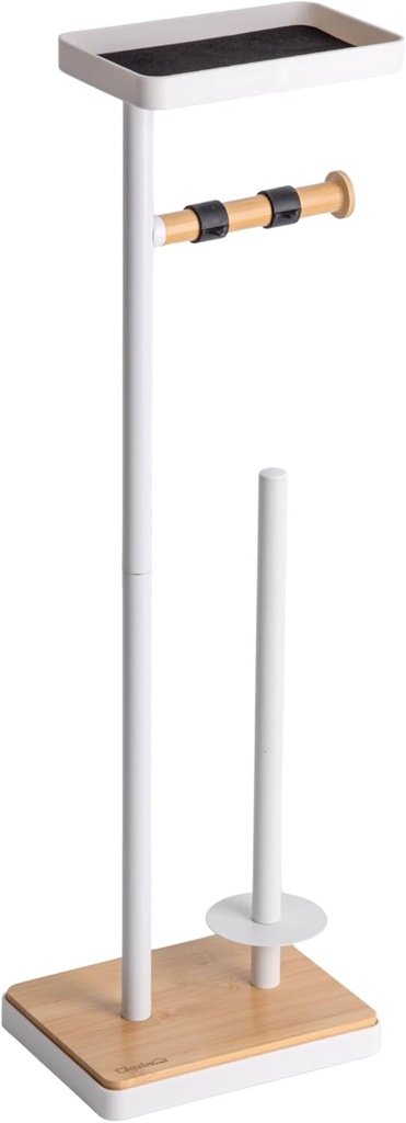 Toilet Paper Holder Stand, Free Standing Toilet Paper Holder with Storage and Top Shelf, White Toilet Paper Stand Weighted Base with Bamboo Design for Bathroom