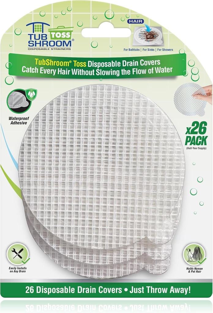 TubShroom Toss 26pk Disposable Drain Covers - Hair Catcher Mesh Sticker Strainers for Shower Bathtub and Bathroom Sink Drains to Prevent Clogged Drains, Half Year Supply