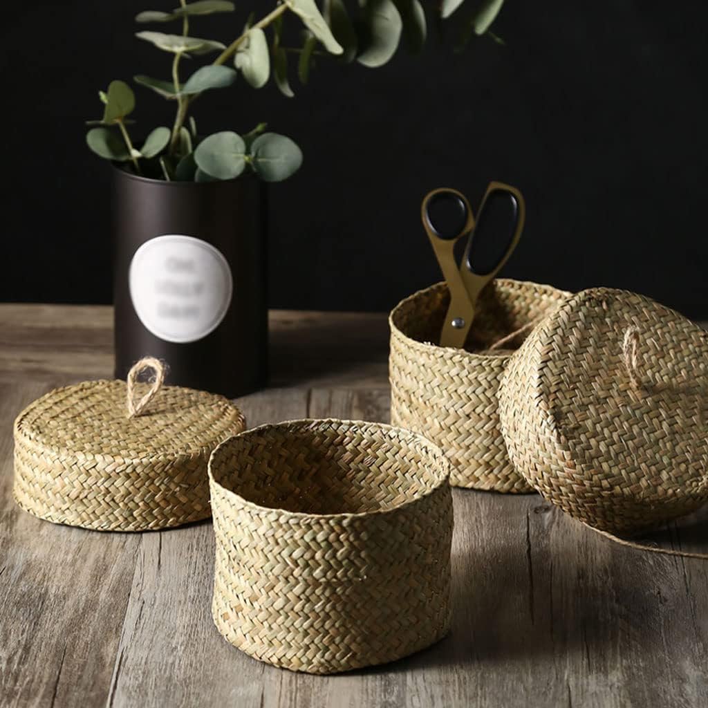 LIOONS Round Handmade Bread Box, Woven Snack Storage Box, Wicker Storage Bread Basket, Kitchen Food Shelf Organizer