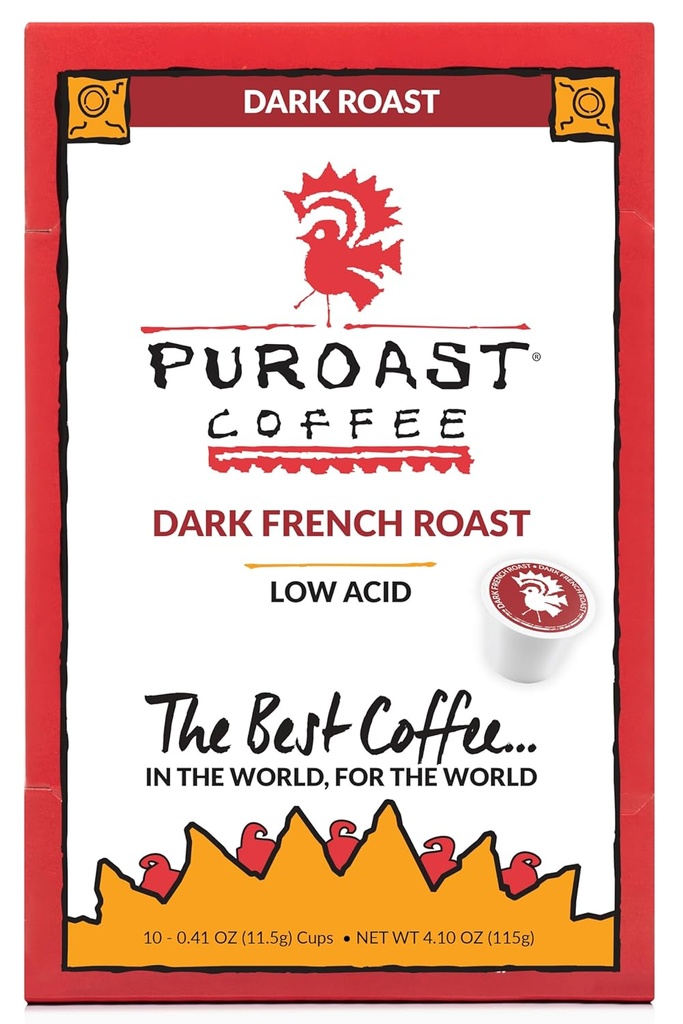 Puroast Low Acid Coffee| French Single Serve Pods | Dark Roast | High Antioxidants & High pH |No Bitter Aftertaste | Reduced Heartburn & GERD Friendly | 24 Count - Compatible with Keurig Brewer
