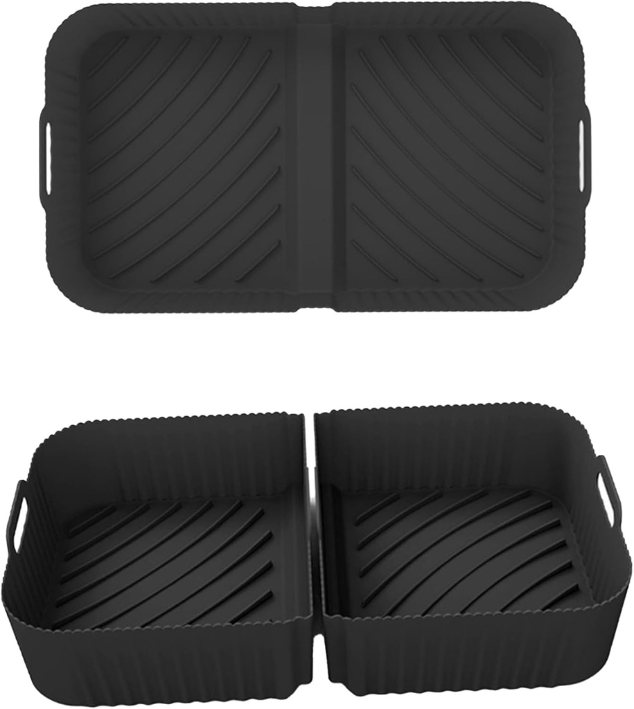 3-in-1 Black Silicone Air Fryer Liners for Ninja Foodi Flexdrawer Dual 10.4L AF500 - Groove Design for Drainage & Heat Circulation, Easy to Clean (2 small pcs&1 complete pcs）