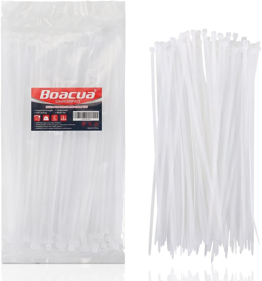 12 Inch Zip Cable Ties (100 Pieces), Self-Locking Premium Nylon Cable Wire Ties,Heavy Duty White, for Indoor and Outdoor by Boacua