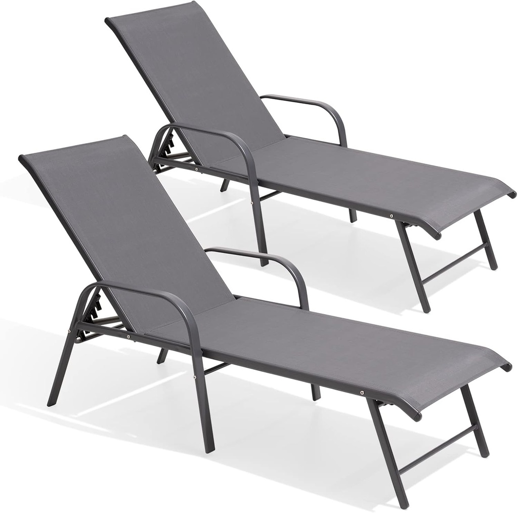 Crestlive Products Chaise Lounge Chair Outdoor with Armrests, Pool Lounge Chairs Set of 2, Aluminum Adjustable 5 Positions Sun Tanning Lounger for Patio, Poolside, Yard, Deck, Backyard (Grey)
