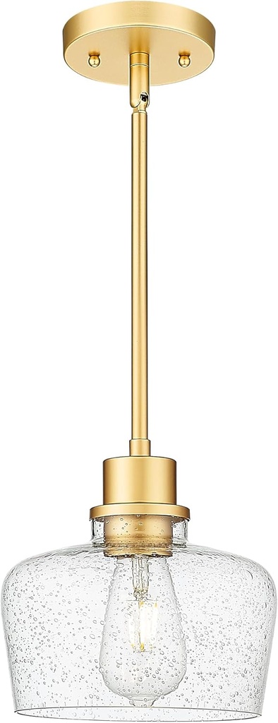 Emak 8 Inch Gold Pendant Light Fixtures, Modern Pendant Lights Kitchen Island with Seeded Glass Shade, 1 Light Hanging Light for Kitchen Island, Dining Room, Bathroom, Bedroom, PL122-GD