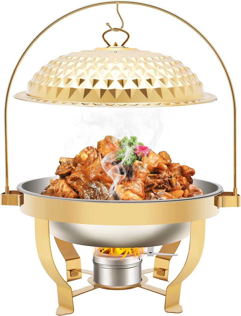 8L/8.5QT Gold Chafing Dishes, Stainless Steel Round Chafer, Hanging Lid Dining Stove with Water&Food Pan for Wedding Parties Banquets Events