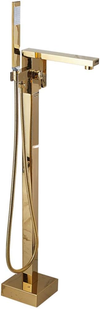 Contemporary Gold Freestanding Bathtub Faucet with Cold and Hot Water Brass Bathtub Faucet Set Single Handle Floor Mounted Bathtub Shower Mixer Taps with Rectangular Handheld Shower