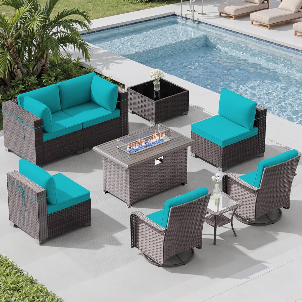 9 Pieces Outdoor Patio Furniture Set with 43" 55000BTU Gas Propane Fire Pit Table & Swivel Rocking Chairs, PE Wicker Rattan Outdoor Sectional Patio Set, Outdoor Patio Conversation Set, Blue