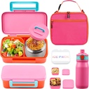 MAISON HUIS Bento Box for Kids with 8oz Soup Thermo, Insulated Lunch Bag & 17oz Water Bottle, 2-Compartment Bento Box with Built-In Ice Pack, Leak-Proof & BPA-Free (Pink)