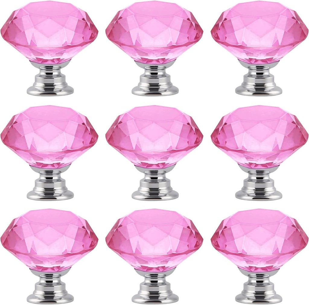 9 Pack Crystal Glass Cabinet Knobs, Dresser Drawer Furniture Door Knob Pulls Handles for Kitchen, Wardrobe and Cupboard (Pink)