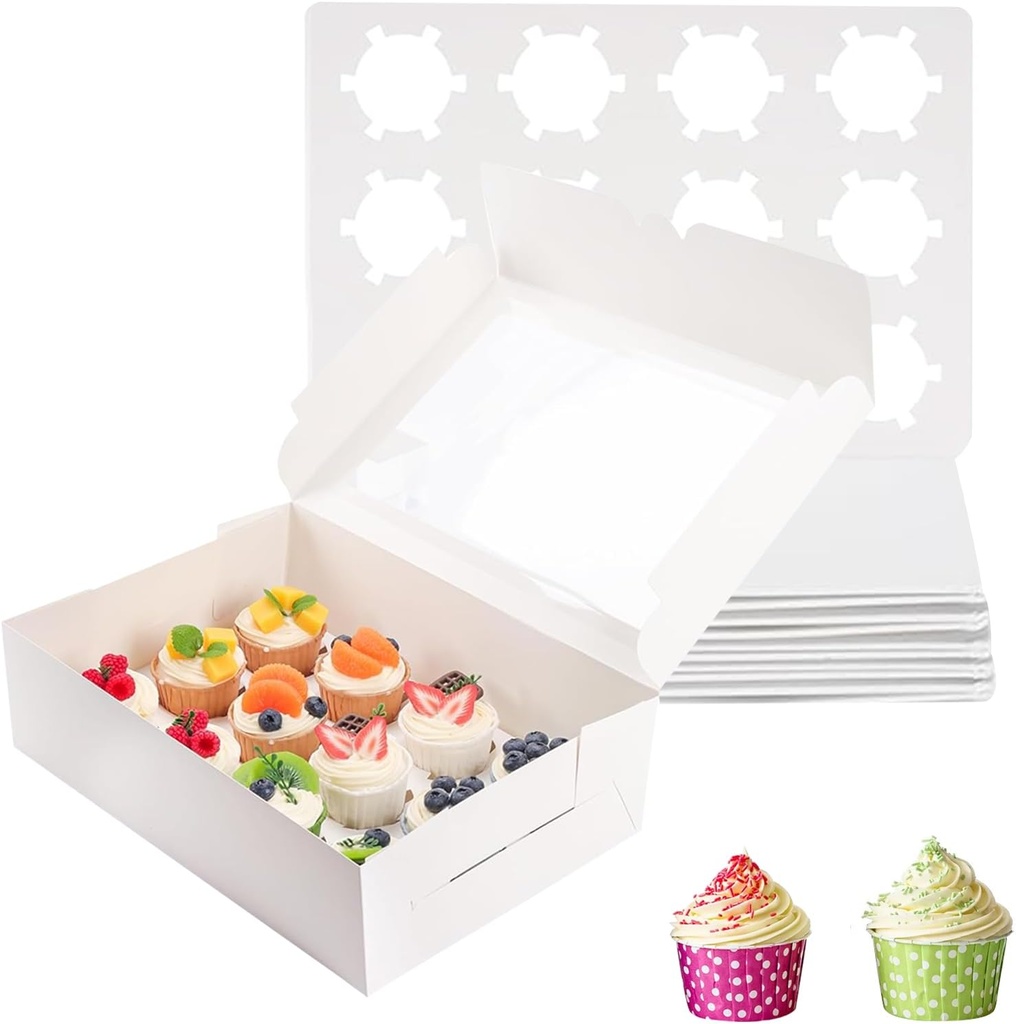 12 Count Cupcake Boxes 6 Pcs Cupcake Containers with Window,Bakery Cake Pastry Box,Cupcake Carrier Boxes for Birthday, Party, Picnic