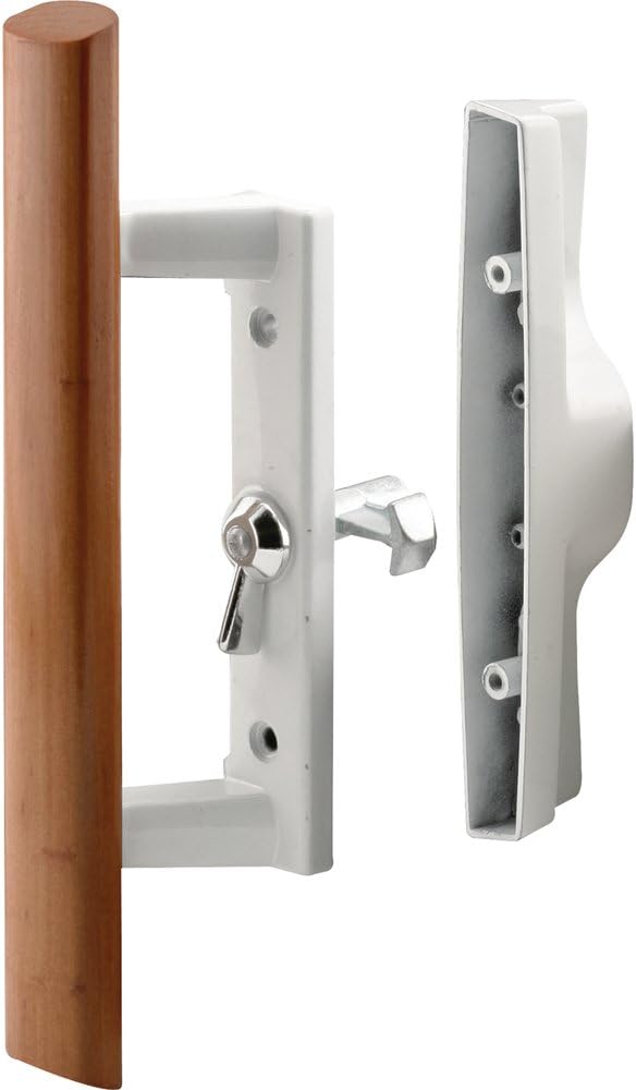 9" Sliding Patio Glass Door Handle Set with 3-1/2 in. Hole Spacing, White Diecast with Wood Handle, Hook Style, Internal Lock