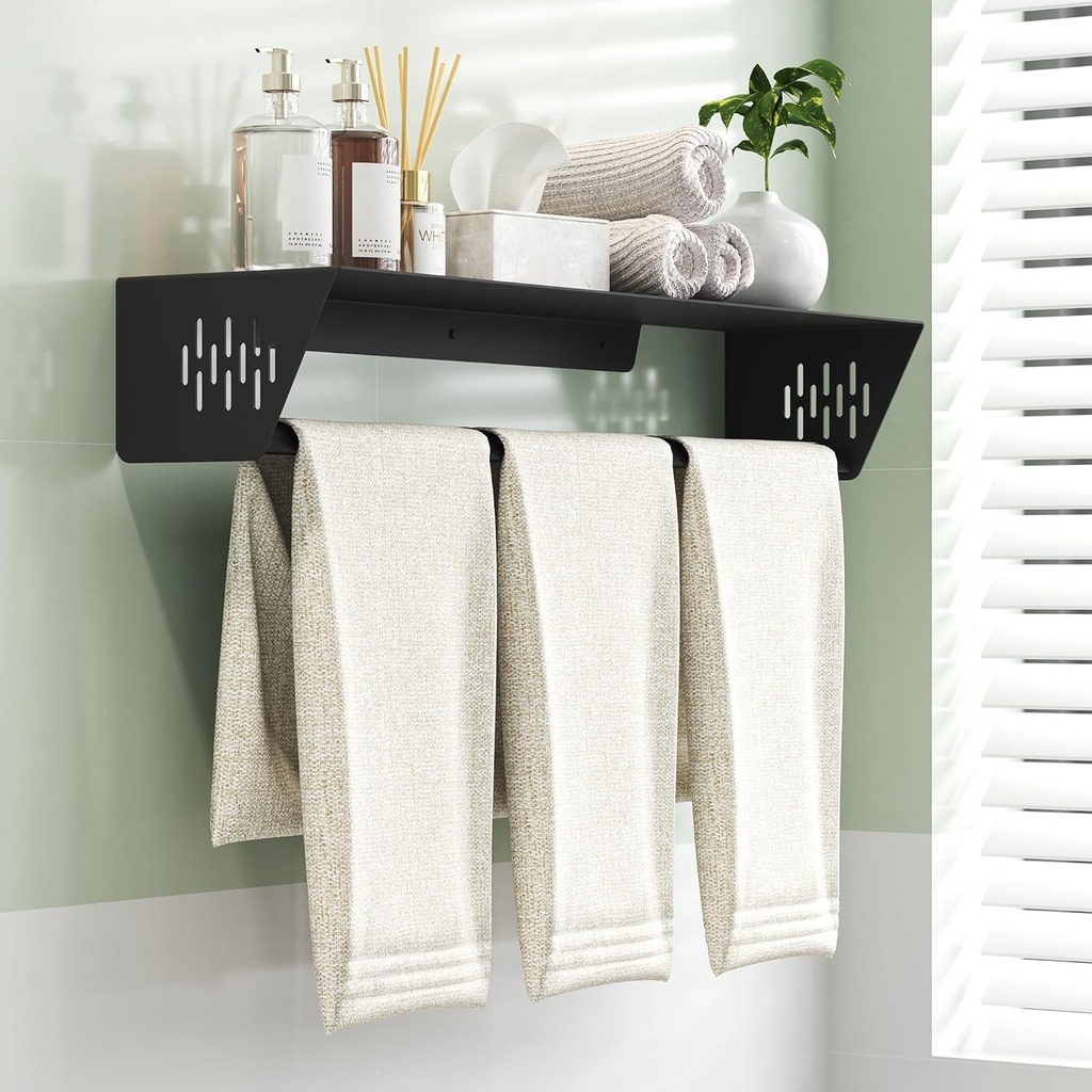 Bathroom Lavatory Towel Rack, Wall Mount Towel Holder Towel Hanger Shelf with Towel Bar, SUS 304 Stainless Steel Towel Rack for Bathroom and Lavatory, Matte Black, 24 Inch