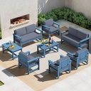 SERWALL 8 Pieces HDPE Outdoor Conversation Sofa Set with Cushion, All Weather Couch Loveseat Furniture Set with Pads, Outdoor Social Sofa Coffee Table Set, Blue Frame with Grey Cushions