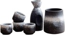 6 Pieces Sake Set, Black Snowflake Glaze Texture Wine Glasses with Warmer and Stopper, Traditional Crafts Cups, for Cold/Warm/Hot Sake/Shochu/Tea-Dinnerware Sets