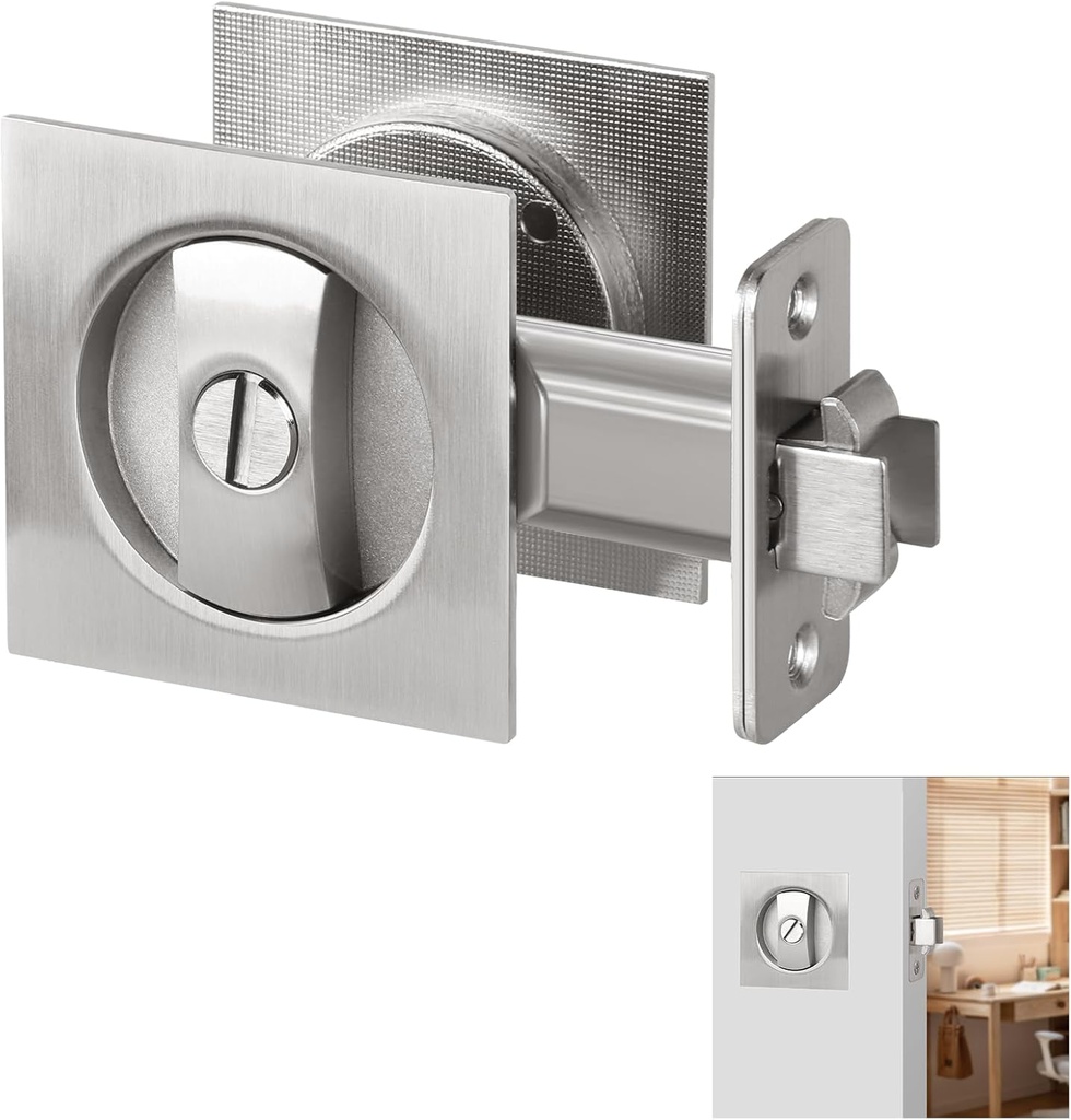 Square Pocket Door Lock, Satin Nickel Privacy Pocket Door Hardware, Sliding Pocket Door Lock for Bathroom, Contemporary Flush Pocket Door Latch for Bed/Bath, 2-3/8" Backset