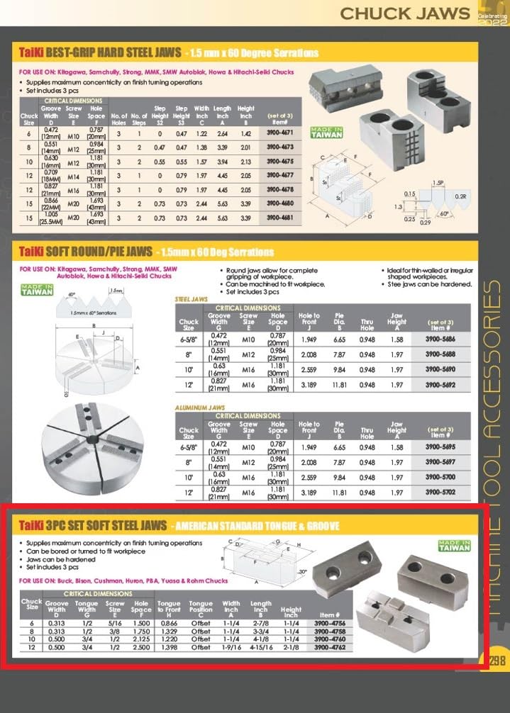 TAIKI 3900-4760 10" Tongue and Groove Steel Soft Jaw, 3 Piece Set