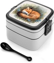 A Sleeping Fox Bento Box Double-Layer Bento Lunch Container with Spoon And Invisible Handle Adult Leak-Proof Lunchbox for Dining Out Work Picnics Travel
