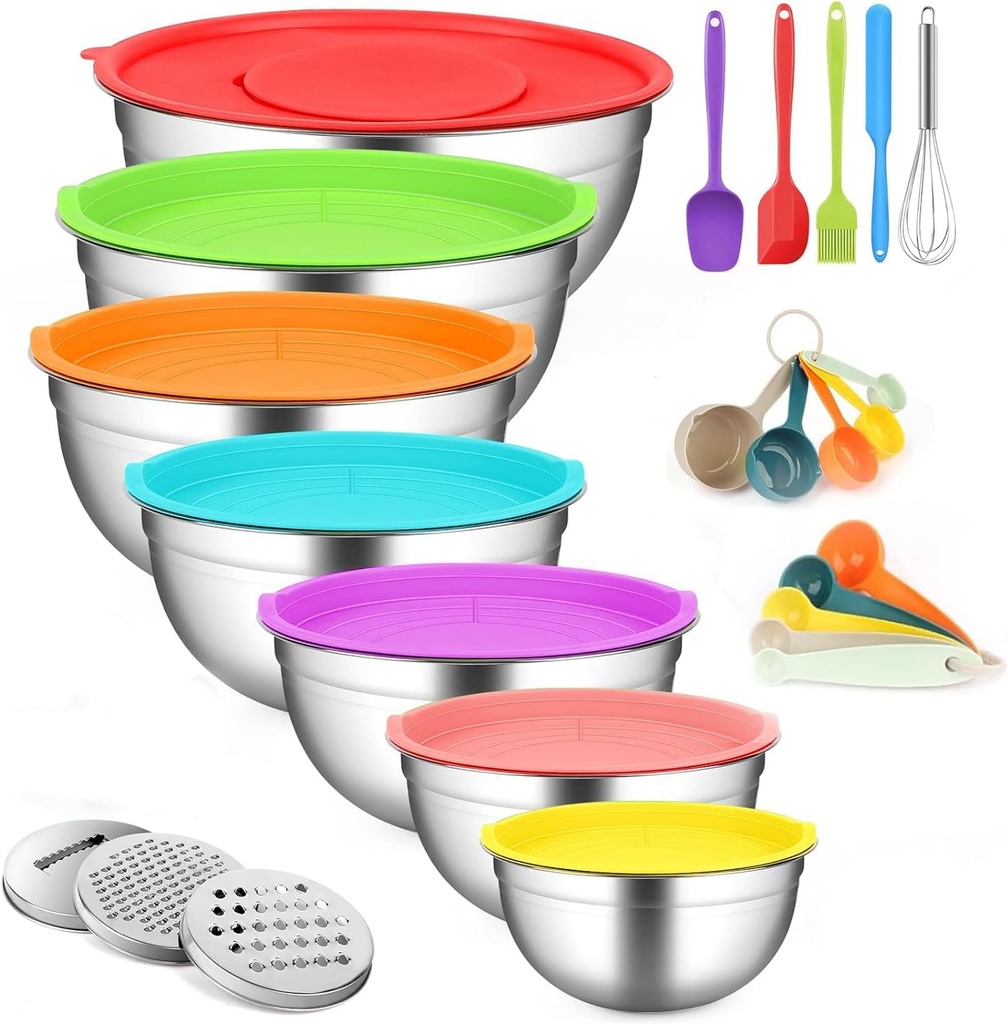 Mixing Bowls With Lids Set,Stainless Steel Mixing Bowls Set With 3 Grater,Metal Nesting Bowls For Kitchen Baking Refrigerator Meal Prep Food Organizer,7 Size(Multicolor)