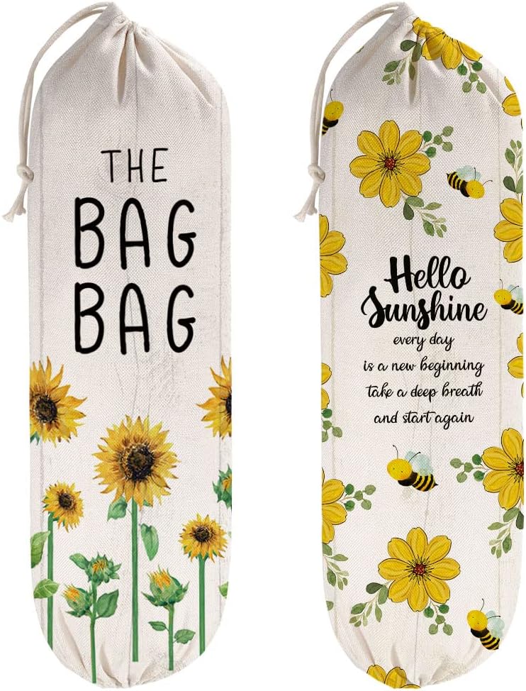 2Pcs Sunflower Plastic Bag Holder for Kitchen Essentials, Reusable Hanging Grocery Bag Organizer, Sunflower Gifts for Women, Washable Large Grocery Trash Bags Storage Dispenser