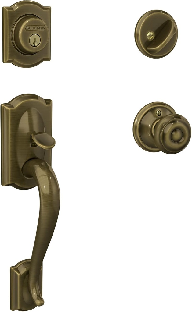 Schlage F60 V CAM 609 GEO Camelot Front Entry Handleset with Georgian Knob, Deadbolt Keyed 1 Side, Antique Brass