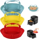 Silicone Airfryer Liners Round - 3 Pack Reusable Air Fryer Basket Accessories for 3 to 5 QT with Detachable Handle, Nonstick Baking Tray Oven Pots for Replace Parchment Paper (Red Blue Yellow)